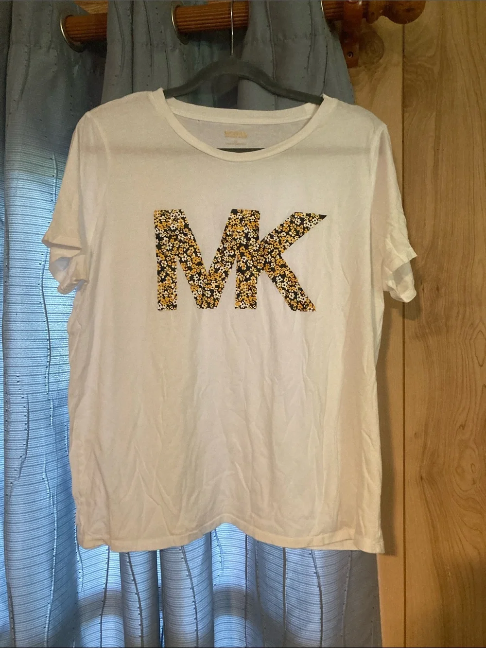 Michael Kors White Tee with Yellow & Black MK Floral Logo